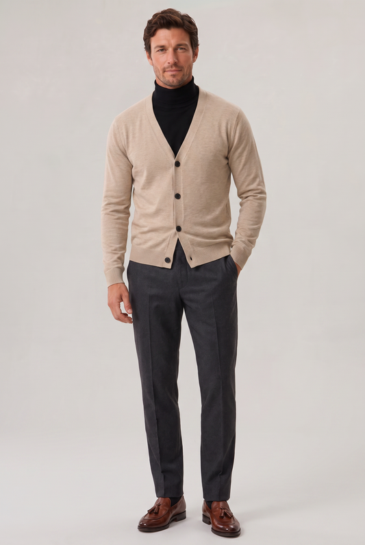 Men's Fine Knit V-Neck Cardigan – Full Button Front, Slight Stretch, Ribbed Cuffs and Hem, Loose Fit