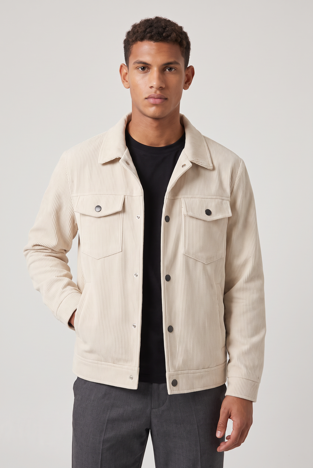 Men's Corduroy-Style Chore Jacket – Button-Front Workwear Design, Multiple Patch Pockets, Turn-Down Collar