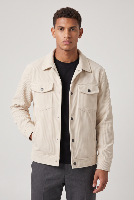 Men's Corduroy-Style Chore Jacket – Button-Front Workwear Design, Multiple Patch Pockets, Turn-Down Collar