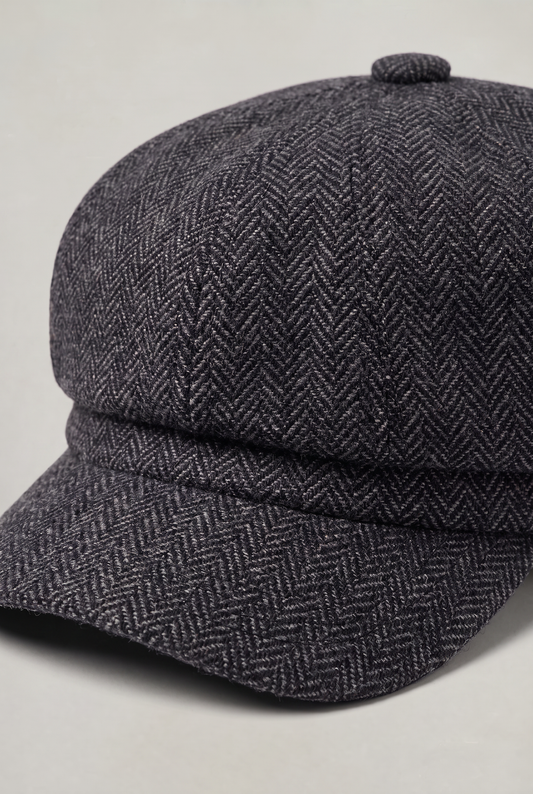 Men's Herringbone Newsboy Flat Cap – Structured Dome Crown, Short Peak, Classic Retro Shape