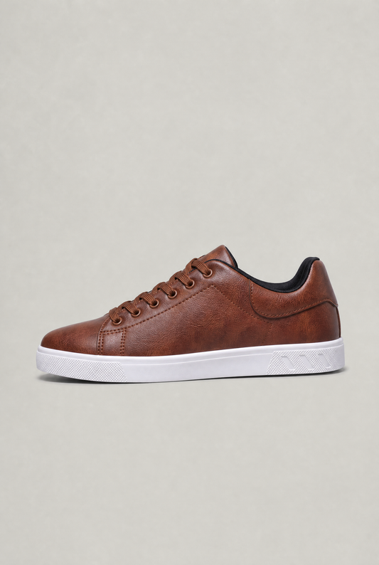 Men's Leather Low-Top Trainers – Lace-Up Smooth Leather Upper, Flat Rubber Sole for Smart-Casual Wear