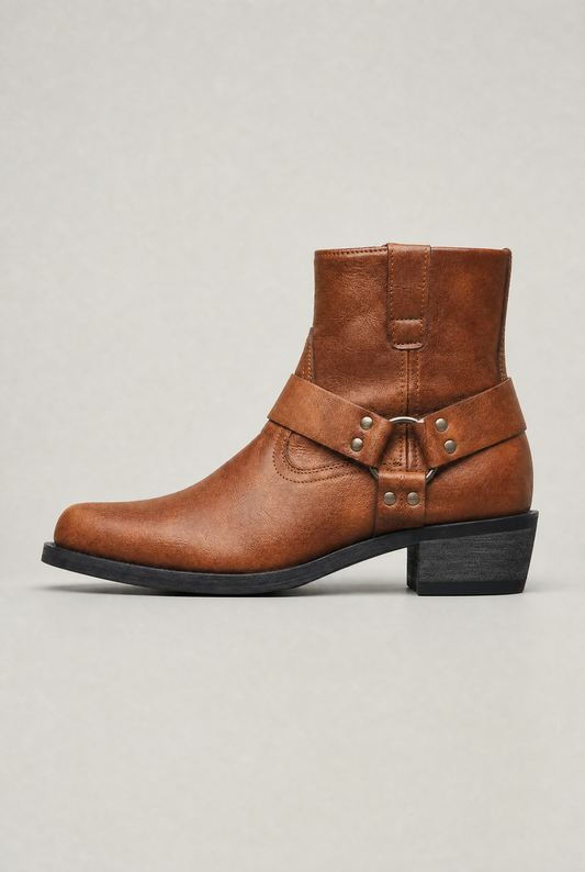 Men's Faux Leather Harness Ankle Boots – Side Zip, Western-Inspired Strap, Low Block Heel