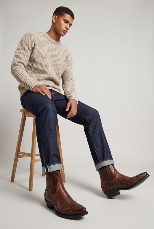 Men's Square-Toe Western Ankle Boots – Contrast Stitching, Elasticated Side Panels, Low Stacked Heel