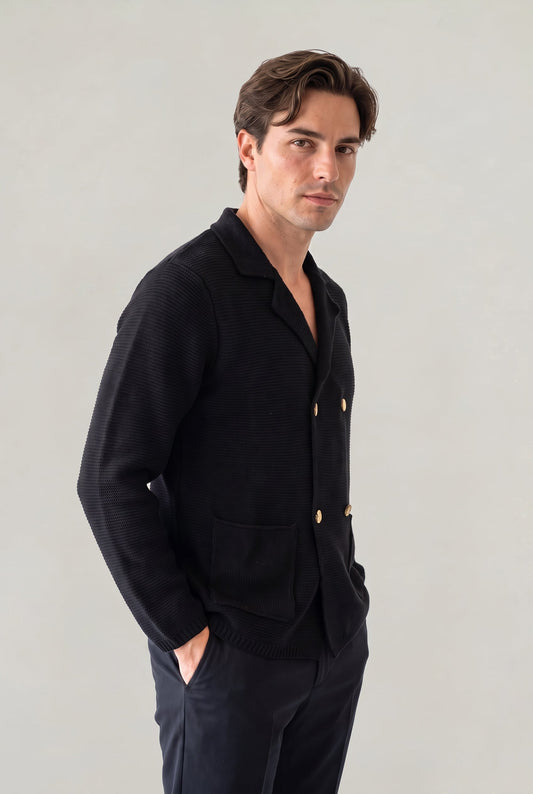 Men's Double-Breasted Knit Cardigan – Shirt-Style Collar, Textured Knit, Ribbed Hem, Smart-Casual Layer