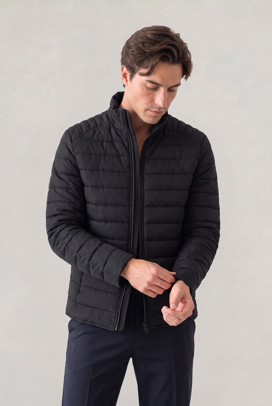 Men's Lightweight Quilted Puffer Jacket – Stand Collar, Front Zip, Zipped Pockets, Fitted Silhouette