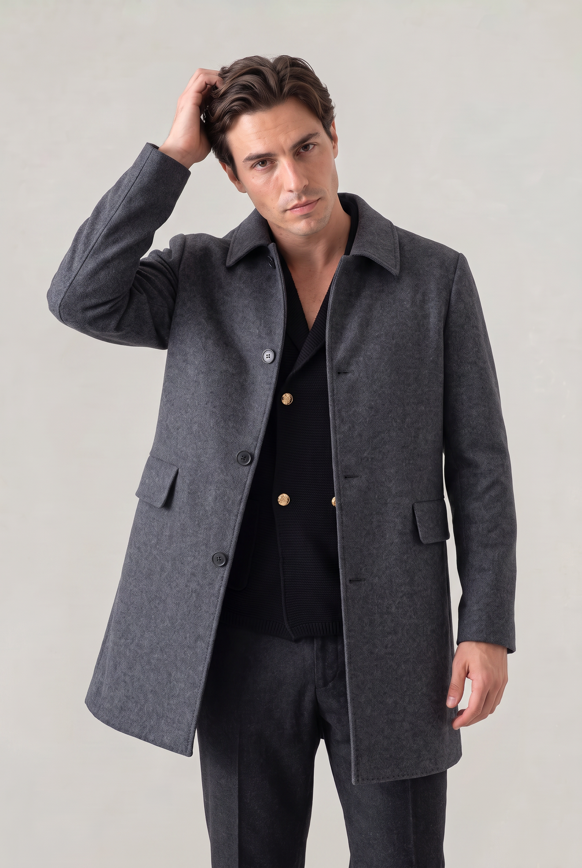 Men's Single Breasted Loose Fit Coat – Lapel Collar, Mid-Length Cut, Side Pockets for Smart-Casual Layering