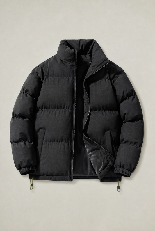 Men's Padded Puffer Jacket – Stand Collar, Front Zip Fastening, Side Pockets, Relaxed Loose Fit | Black