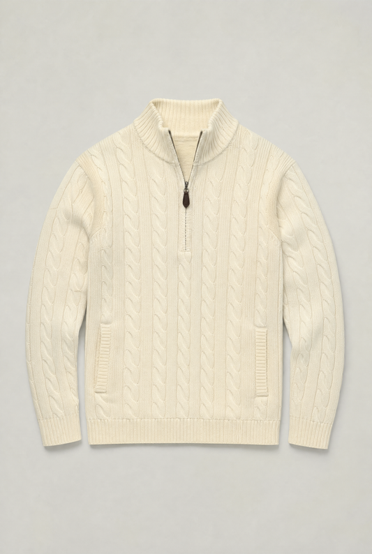 Men's Cable Knit Quarter Zip Jumper – Cotton Cable Knit, Slim Fit, Long Sleeves for Autumn Layering
