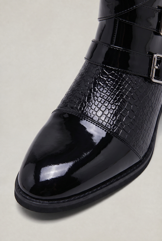Men's Croc-Effect Harness Ankle Boots – Triple Buckle Detail, Side Zip, Medium Block Heel