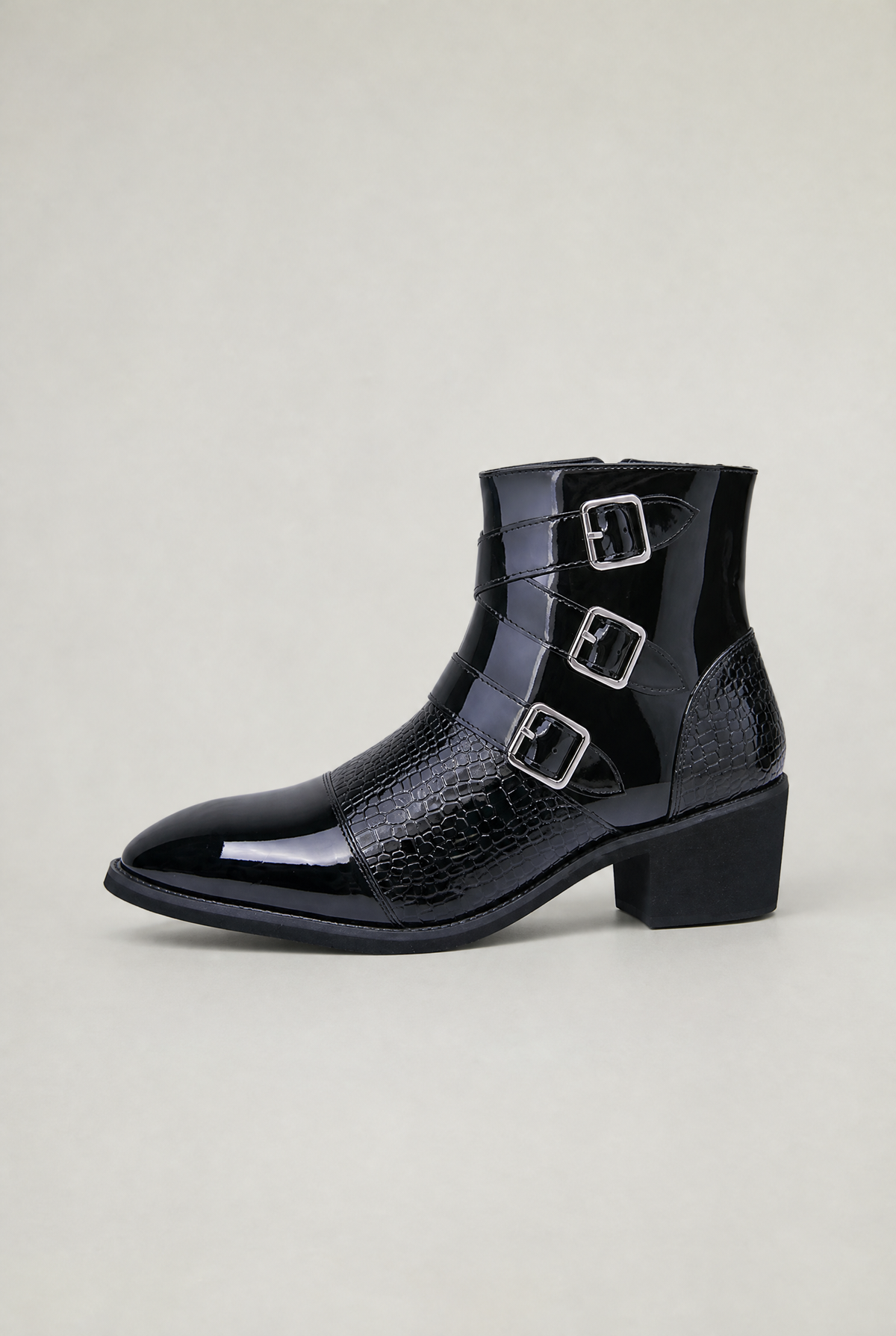 Men's Croc-Effect Harness Ankle Boots – Triple Buckle Detail, Side Zip, Medium Block Heel