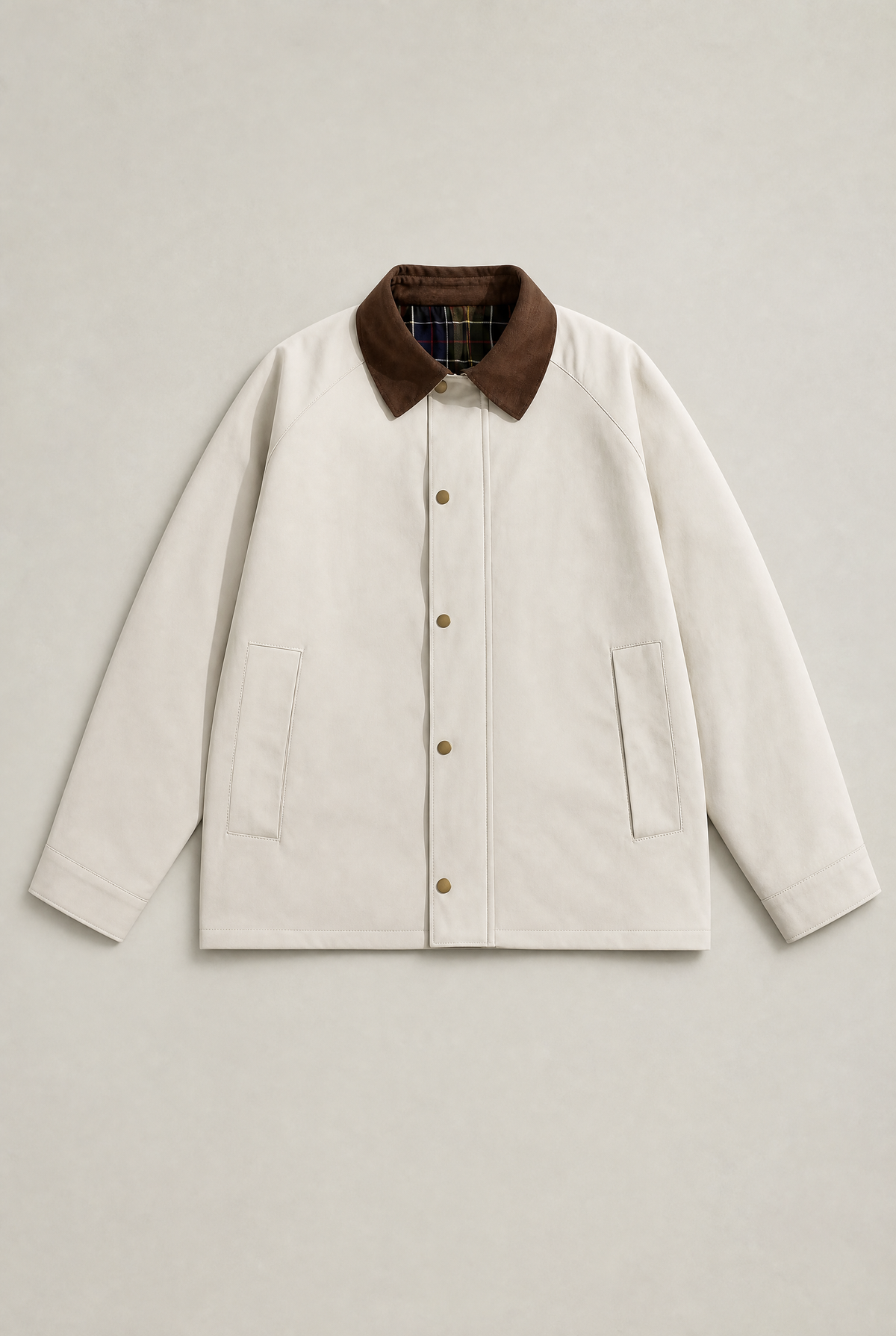 Men's Contrast Cord Collar Work Jacket – Single-Breasted Front, Loose Fit, Side Pockets for Spring Layering – White – view 1