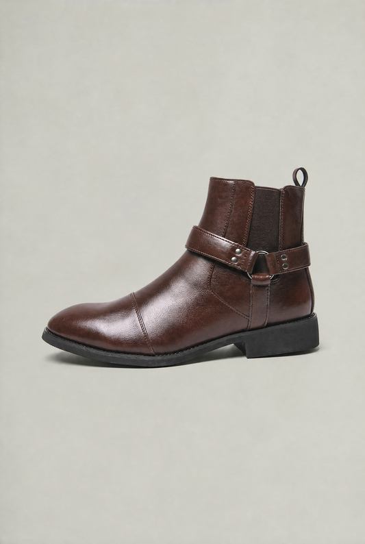 Men's Faux Leather Harness Chelsea Boots – Pointed Cap Toe, Metal Buckle Strap, Pull Tab for Easy Wear
