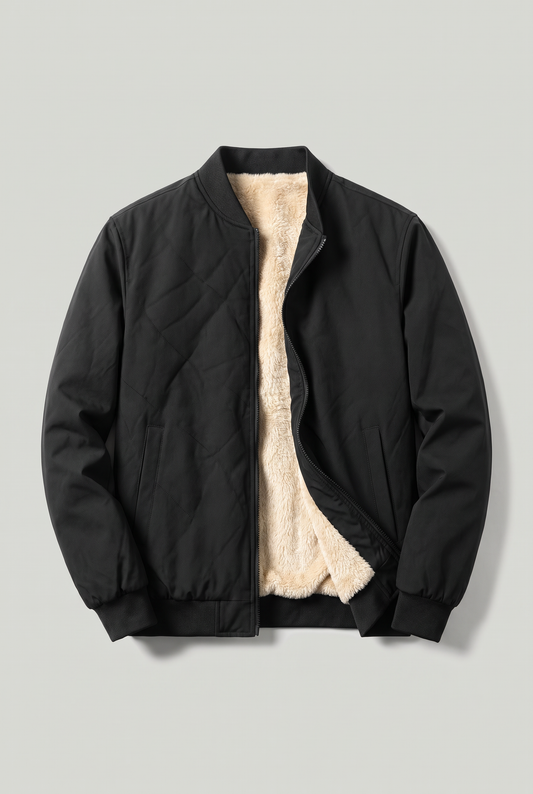 Men's Fleece-Lined Bomber Jacket – Baseball Collar, Full Zip Fastening, Ribbed Cuffs and Hem, Side Pockets