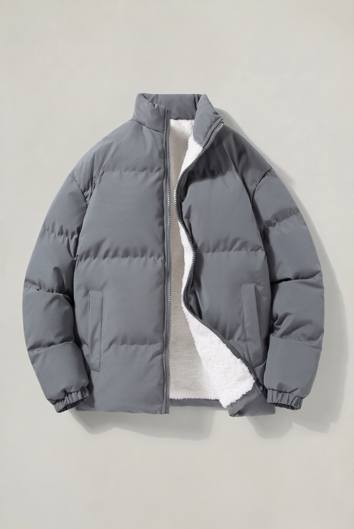 Men's Fleece-Lined Padded Puffer Jacket – Stand Collar, Full Zip Fastening, Side Pockets for Winter – Grey – view 1