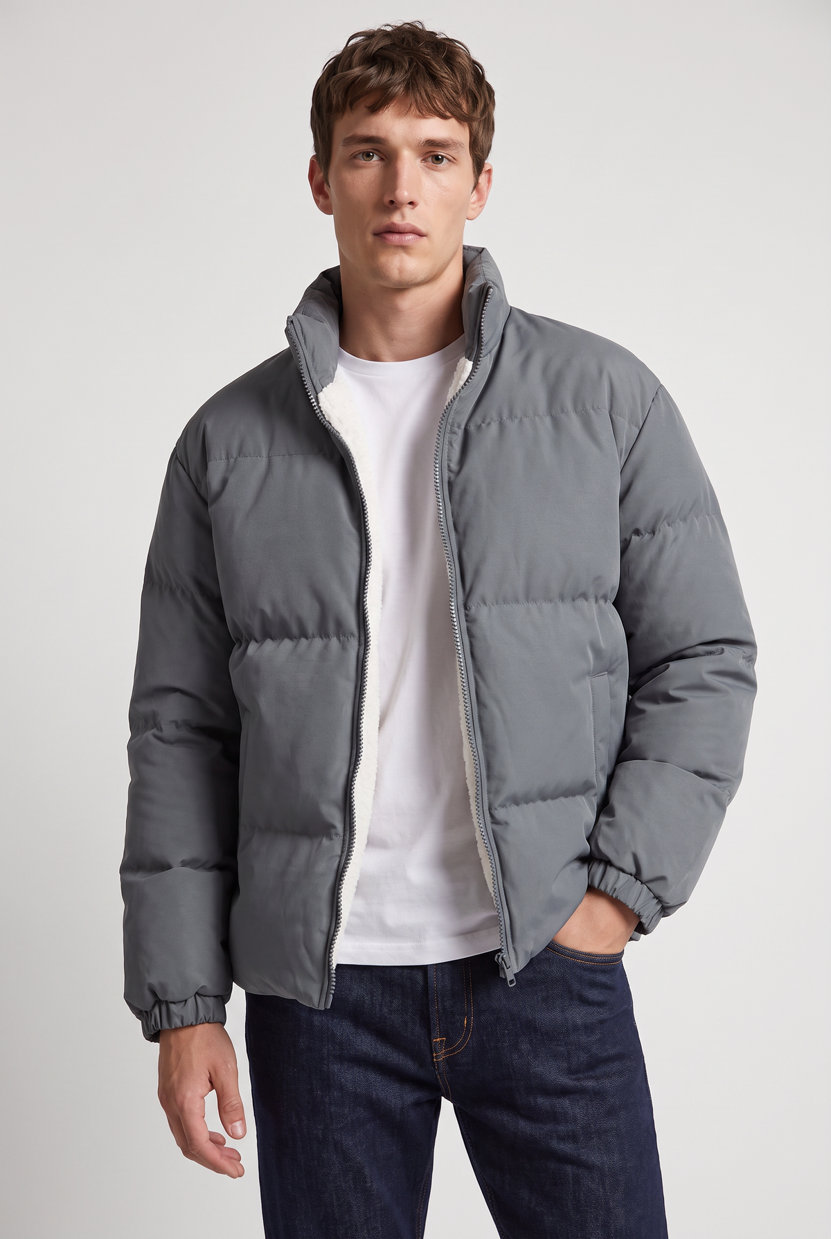 Men's Fleece-Lined Padded Puffer Jacket – Stand Collar, Full Zip Fastening, Side Pockets for Winter – view 2
