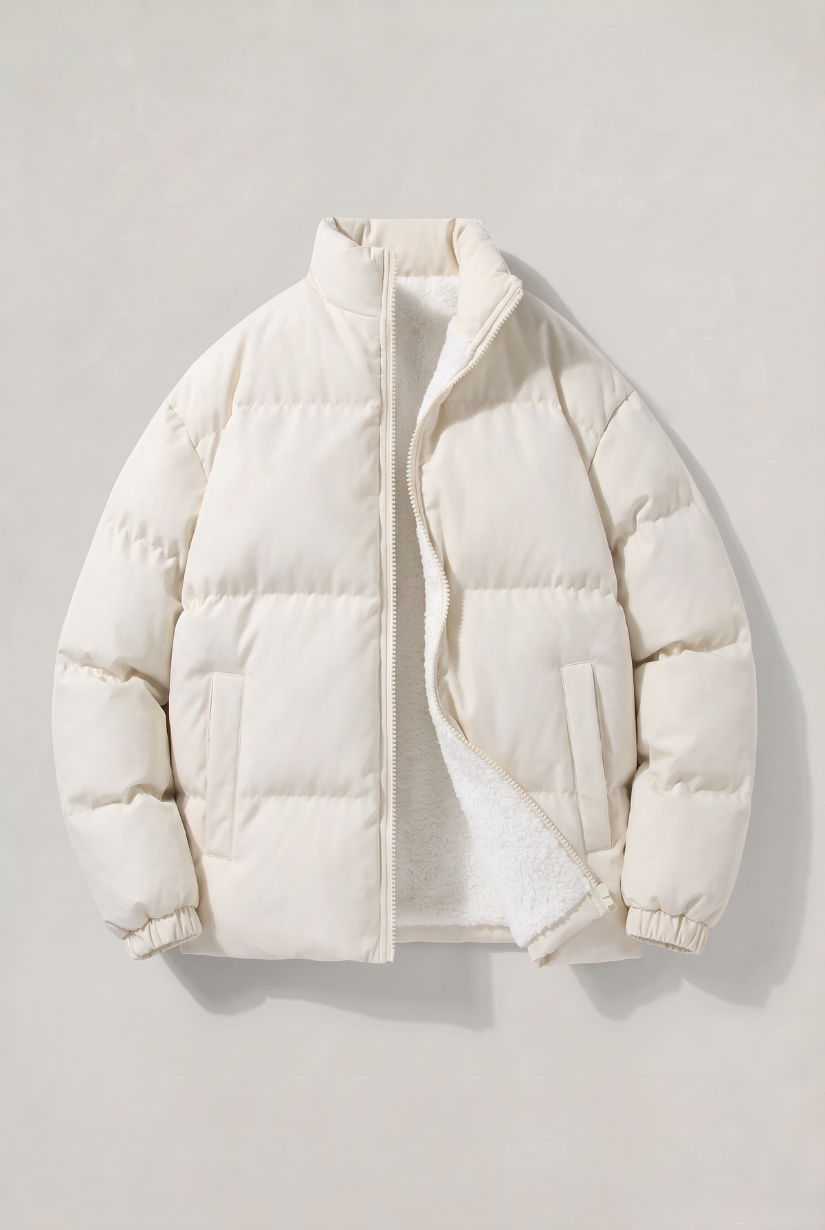 Men's Fleece-Lined Padded Puffer Jacket – Stand Collar, Full Zip Fastening, Side Pockets for Winter