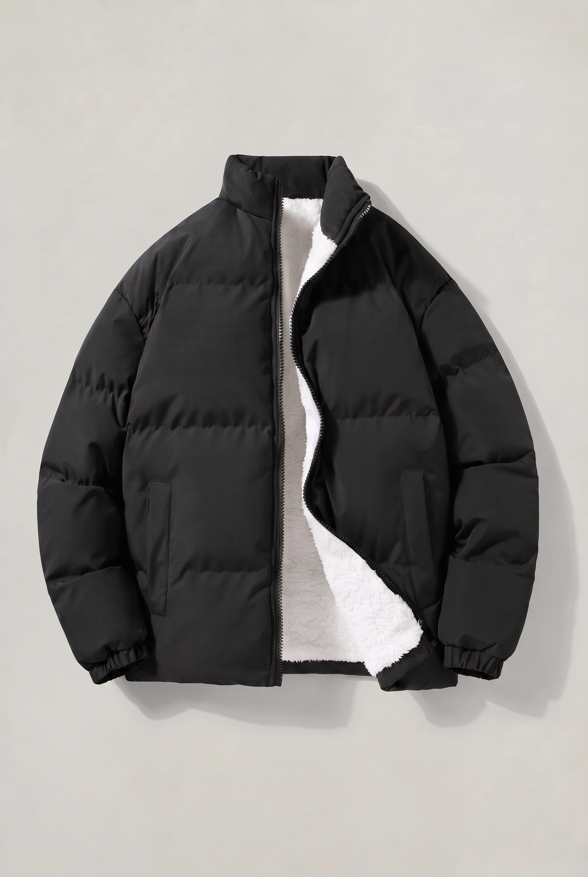 Men's Fleece-Lined Padded Puffer Jacket – Stand Collar, Full Zip Fastening, Side Pockets for Winter