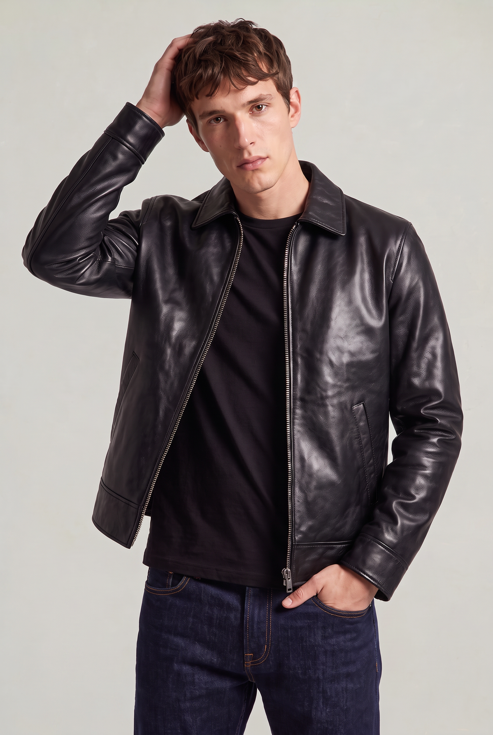 Men's Genuine Cowhide Leather Jacket – Classic Lapel Collar, Front Zip Fastening, Fitted Short Cut | Black