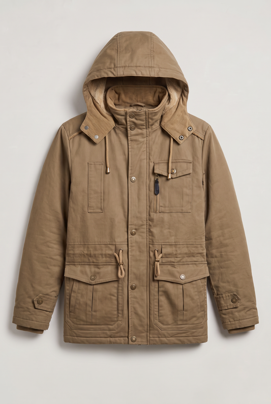 Men's Fleece-Lined Cotton Field Jacket – Attached Hood, Multi-Pocket Design, Zip Fastening for Winter