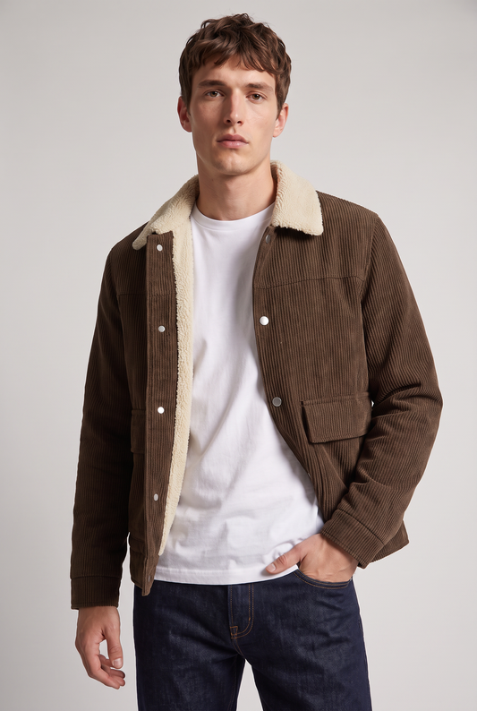 Men's Corduroy Fleece-Lined Workwear Jacket – Button-Front Fastening, Classic Collar, Front Pockets, Relaxed Fit