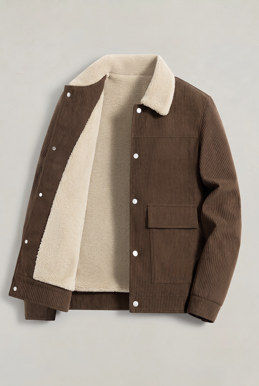 Men's Corduroy Fleece-Lined Workwear Jacket – Button-Front Fastening, Classic Collar, Front Pockets, Relaxed Fit