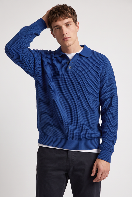 Men's Heavyweight Knit Rugby Polo Jumper in Blue – view 2