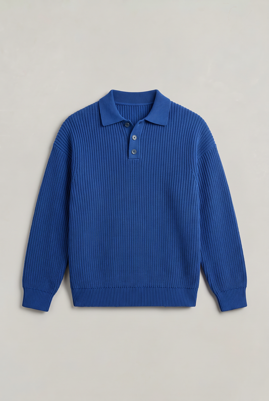 Men's Heavyweight Knit Rugby Polo Jumper in Blue – view 1