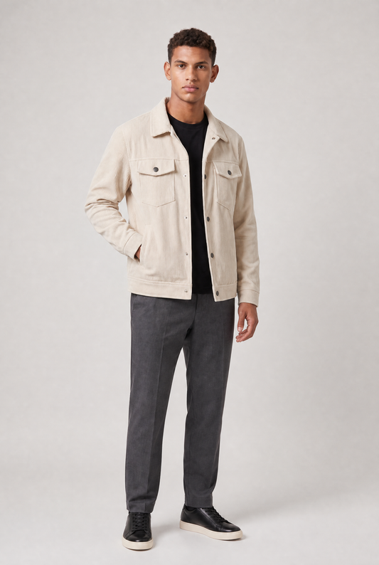 Men's Corduroy-Style Chore Jacket – Button-Front Workwear Design, Multiple Patch Pockets, Turn-Down Collar