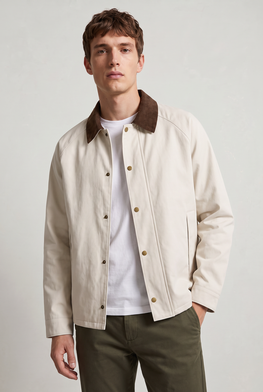 Men's Contrast Cord Collar Work Jacket – Single-Breasted Front, Loose Fit, Side Pockets for Spring Layering