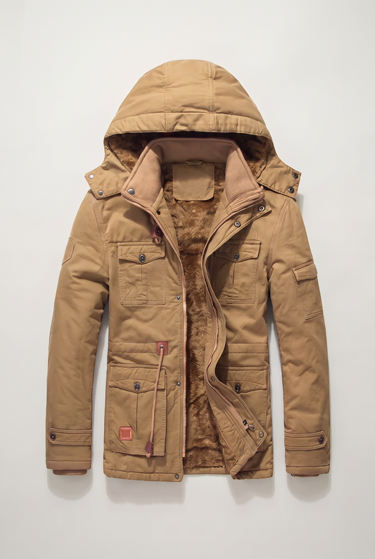 Men's Fleece-Lined Multi-Pocket Outdoor Jacket – Attached Hood, Zip and Button Front, Cotton Outer