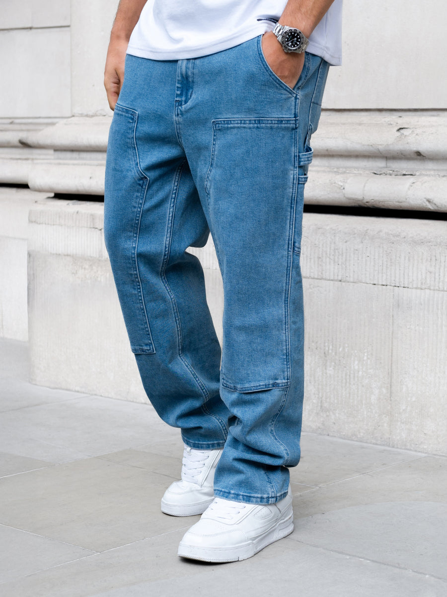 Genova Men's Panel Carpenter Jeans – Heavyweight Stretch Denim, Straight Leg with Hammer Loop Detail | Blue