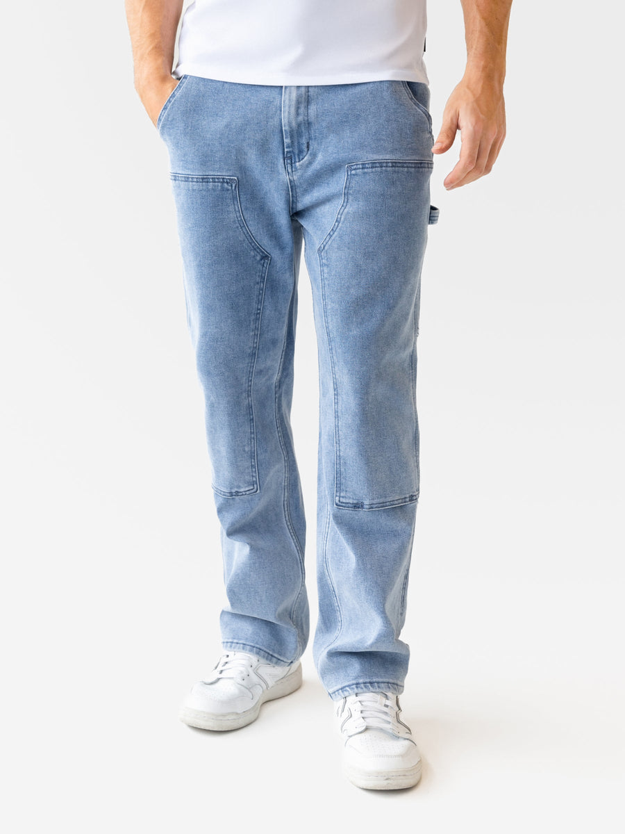 Genova Men's Panel Carpenter Jeans – Heavyweight Stretch Denim, Straight Leg with Hammer Loop Detail | Washed Blue