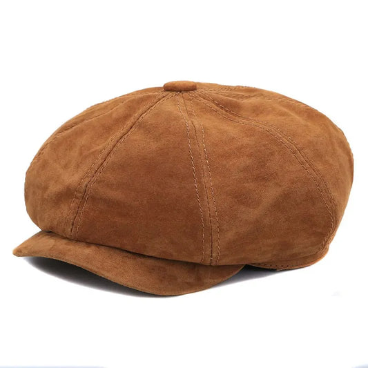 Men's Genuine Suede Leather Newsboy Cap – 100% Suede Leather, Panelled Crown, Three Sizes 55–60 cm