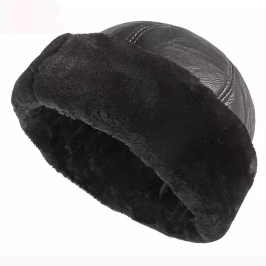 KOV Men's Russian-Style Winter Leather Cap – Thick Cotton Lining, Two Sizes from 55 to 60 cm | Black
