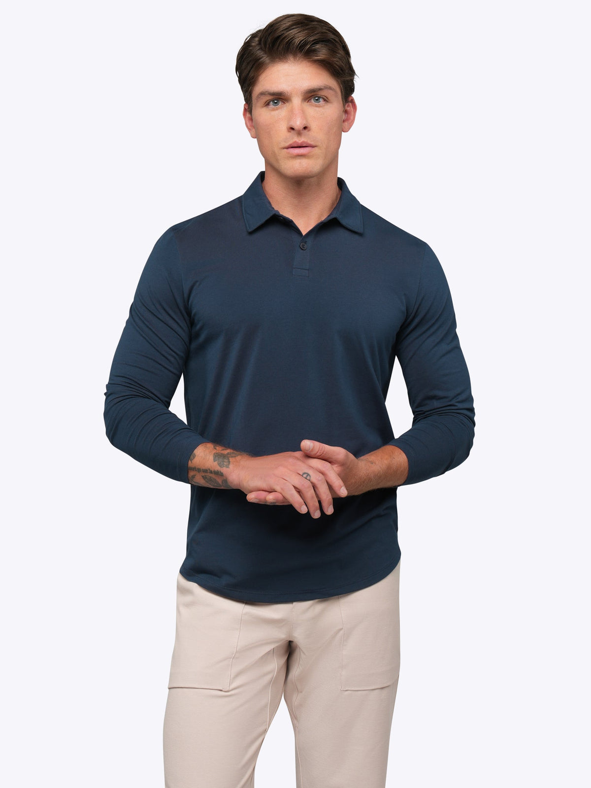 Men's Long Sleeve Stretch Polo Shirt in Pacific Blue – view 2