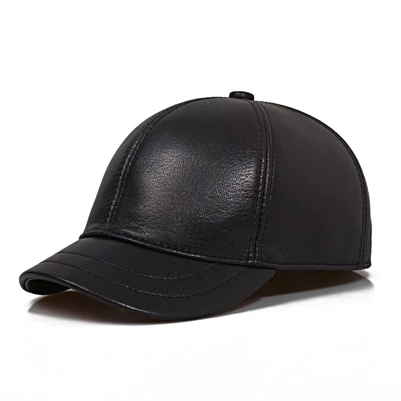 Larkin Men's Short Brim Sheepskin Leather Baseball Cap in Black – view 1