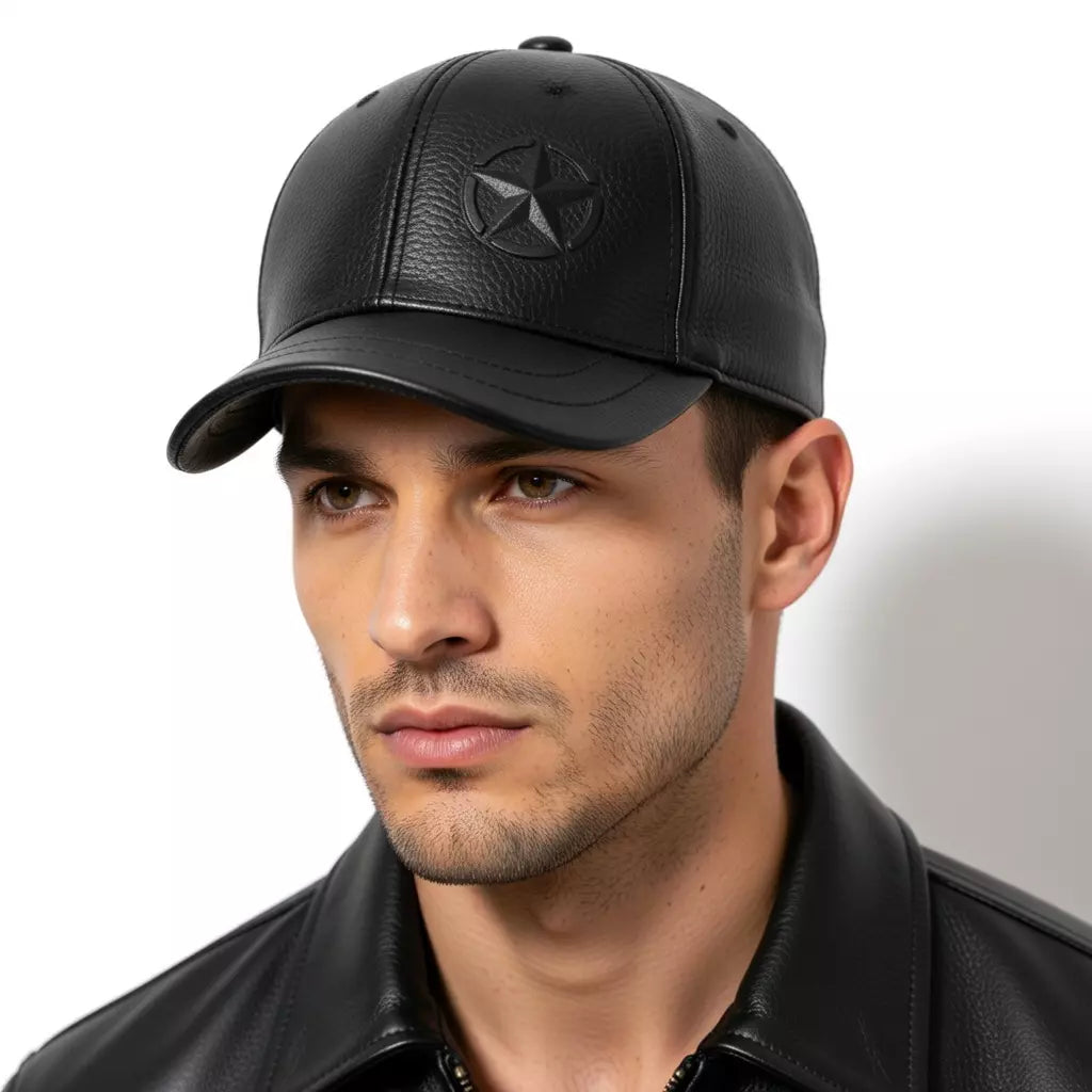 Larkin Men's Short Brim Sheepskin Leather Baseball Cap in Black – view 4