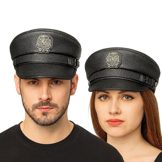 Men's Cowhide Leather Sailor Cap – Front Crest Badge, Contrast Leather Strap With Buckle