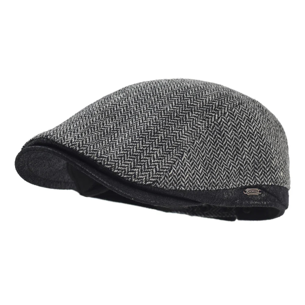 Men's Wool Herringbone Flat Cap – Classic Woven Texture, Adjustable Fit | Grey, Dark Brown, Khaki, Light Brown