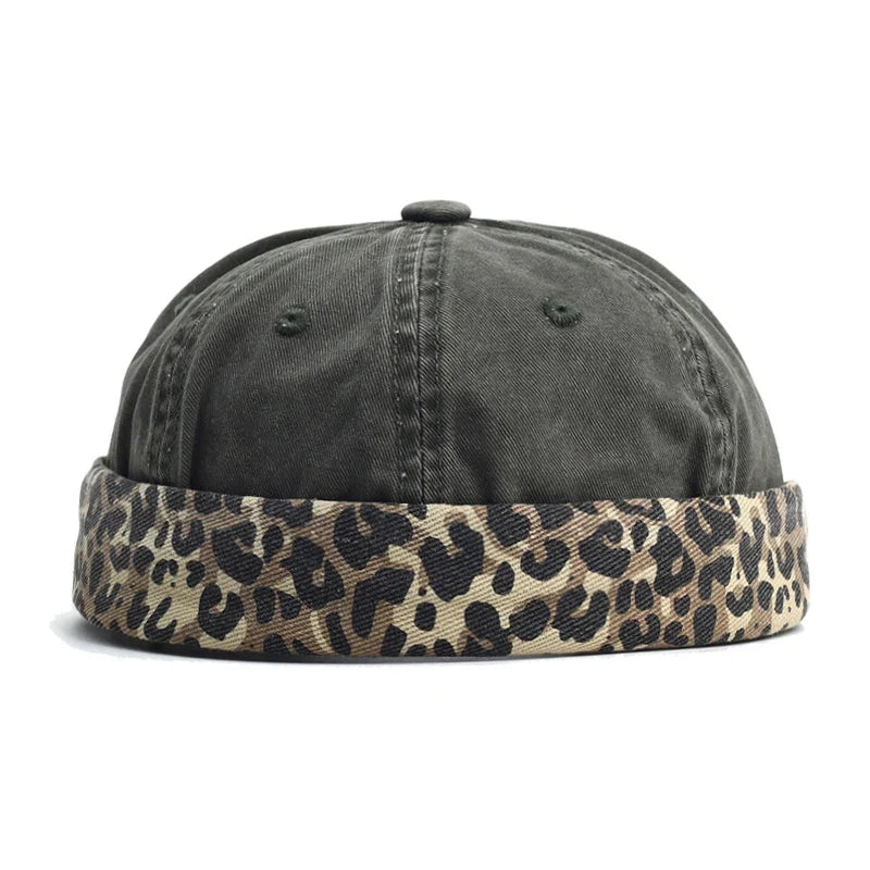 Leopard Men's Cotton Brimless Docker Cap – Leopard Print Detail, Rolled Cuff, Adjustable 55–61 cm Fit