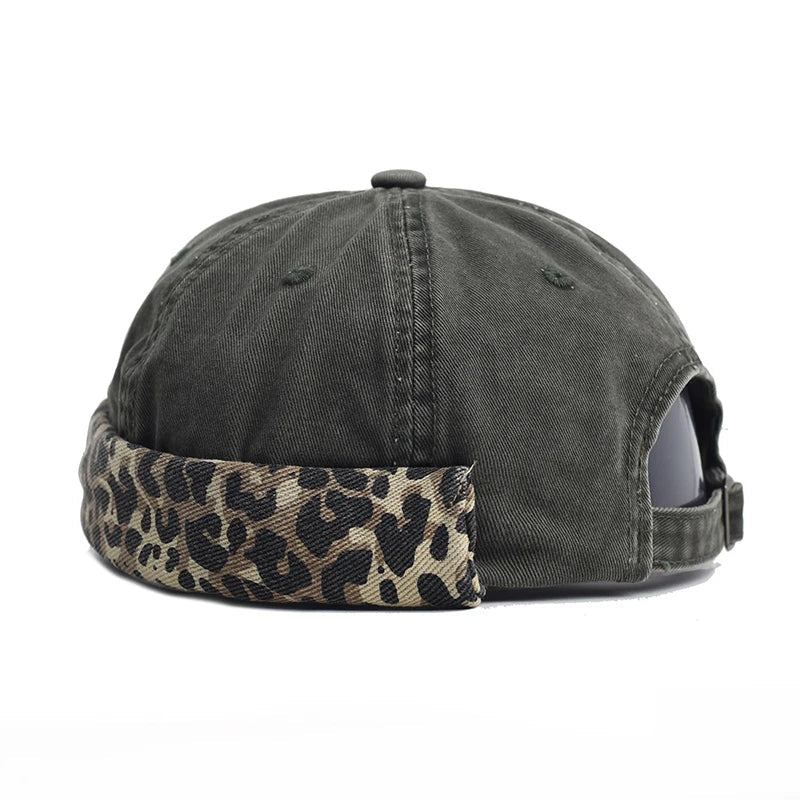 Leopard Men's Cotton Brimless Docker Cap – Leopard Print Detail, Rolled Cuff, Adjustable 55–61 cm Fit