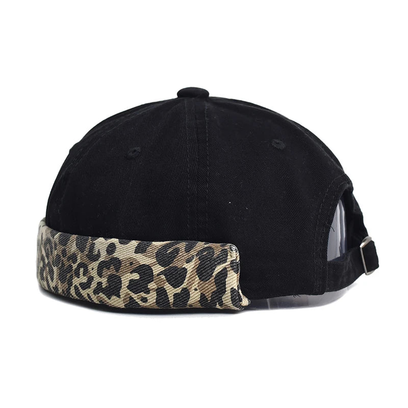 Leopard Men's Cotton Brimless Docker Cap – Leopard Print Detail, Rolled Cuff, Adjustable 55–61 cm Fit