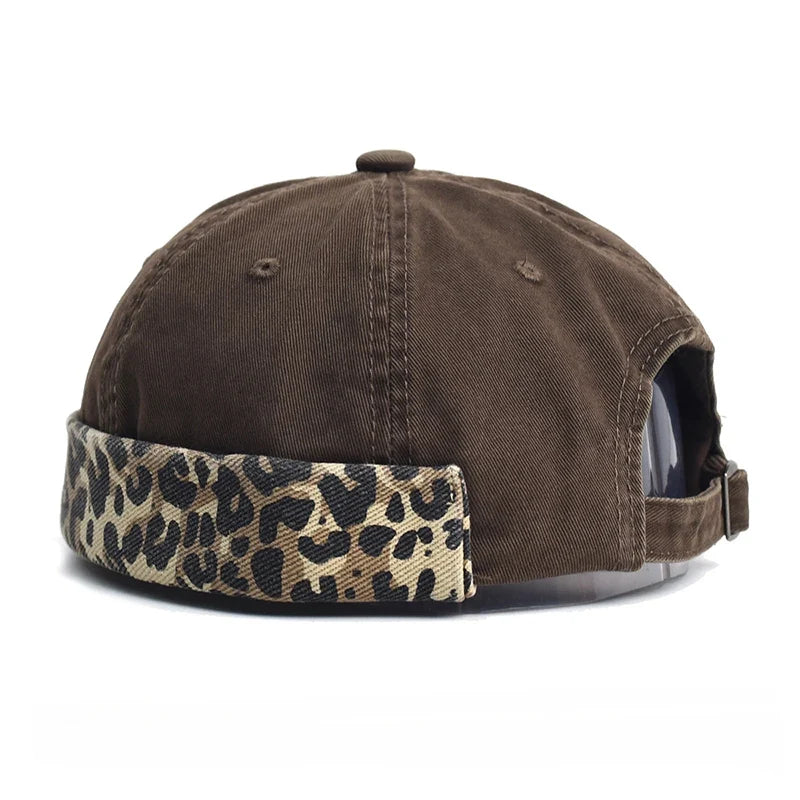 Leopard Men's Cotton Brimless Docker Cap – Leopard Print Detail, Rolled Cuff, Adjustable 55–61 cm Fit