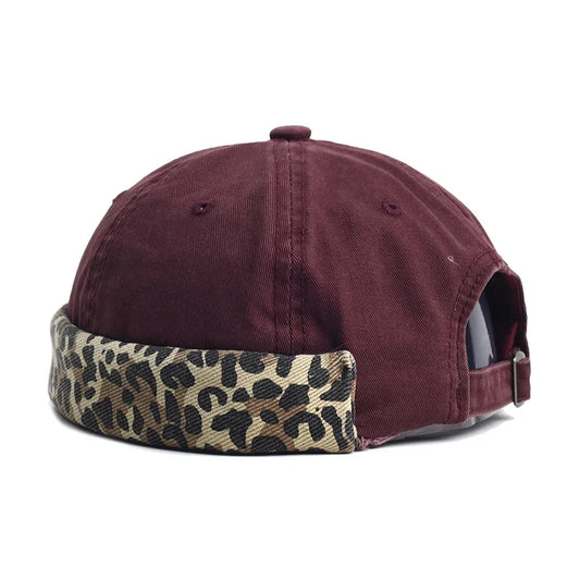 Leopard Men's Cotton Brimless Docker Cap – Leopard Print Detail, Rolled Cuff, Adjustable 55–61 cm Fit