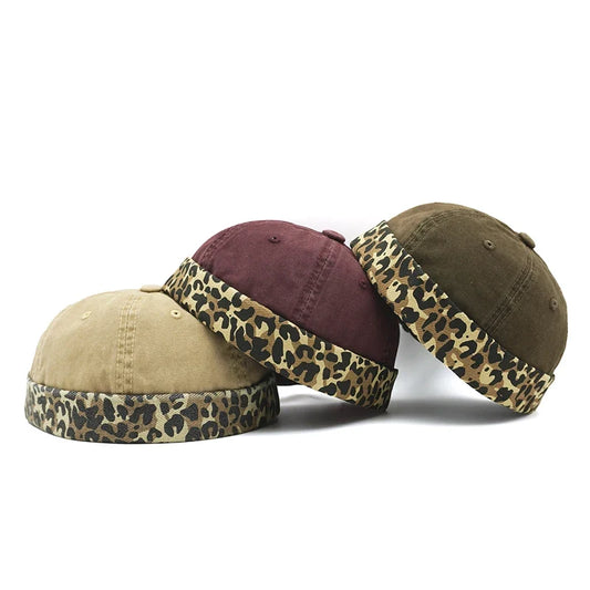 Leopard Men's Cotton Brimless Docker Cap – Leopard Print Detail, Rolled Cuff, Adjustable 55–61 cm Fit