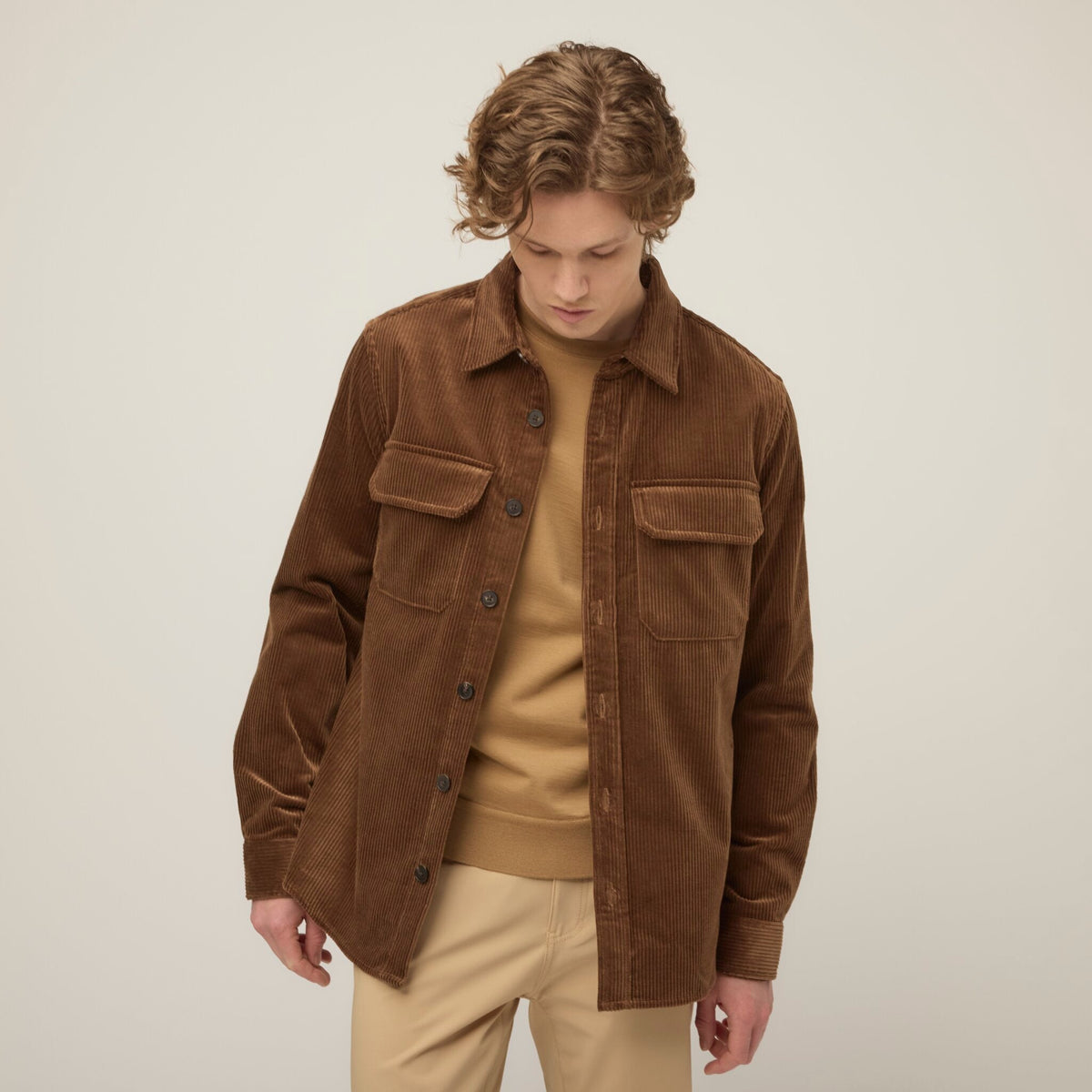 Men's Corduroy Overshirt – Heavyweight Italian Corduroy, Horn Button Front, Two Large Chest Pockets – Brown – view 1