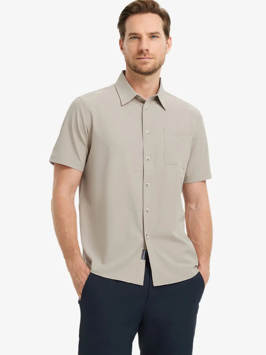 Men's Breathable Stretch Button-Up Shirt – Lightweight Wrinkle-Resistant Fabric, Four-Way Stretch, Solid Colours
