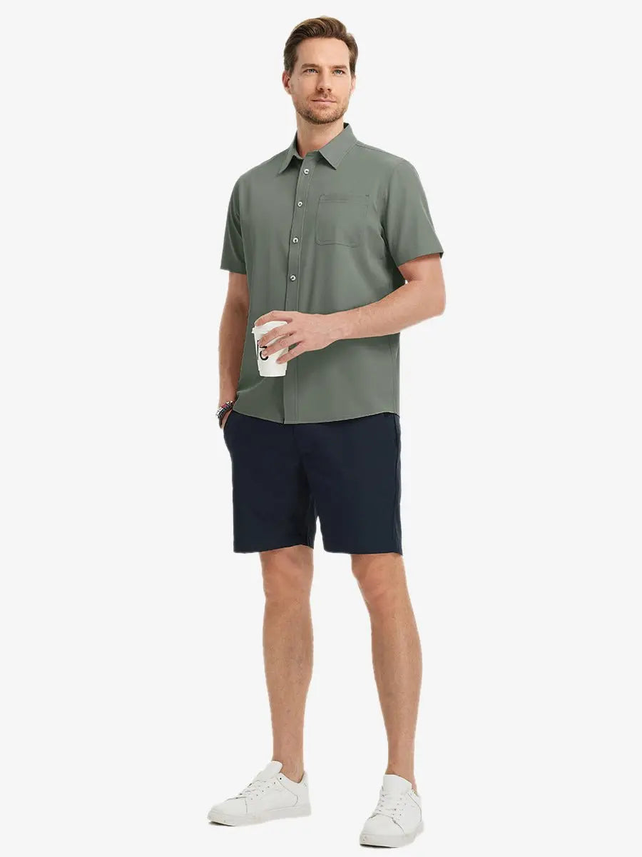 Men's Breathable Stretch Button-Up Shirt – Lightweight Wrinkle-Resistant Fabric, Four-Way Stretch, Solid Colours
