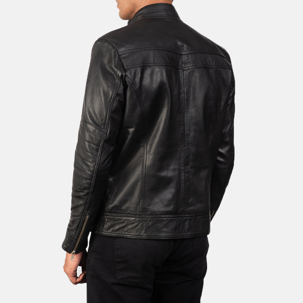 Mack Men's Goatskin Leather Biker Jacket – Band Collar, Zip Cuffs, Four Outside Pockets, Semi-Aniline Finish | Black – view 5