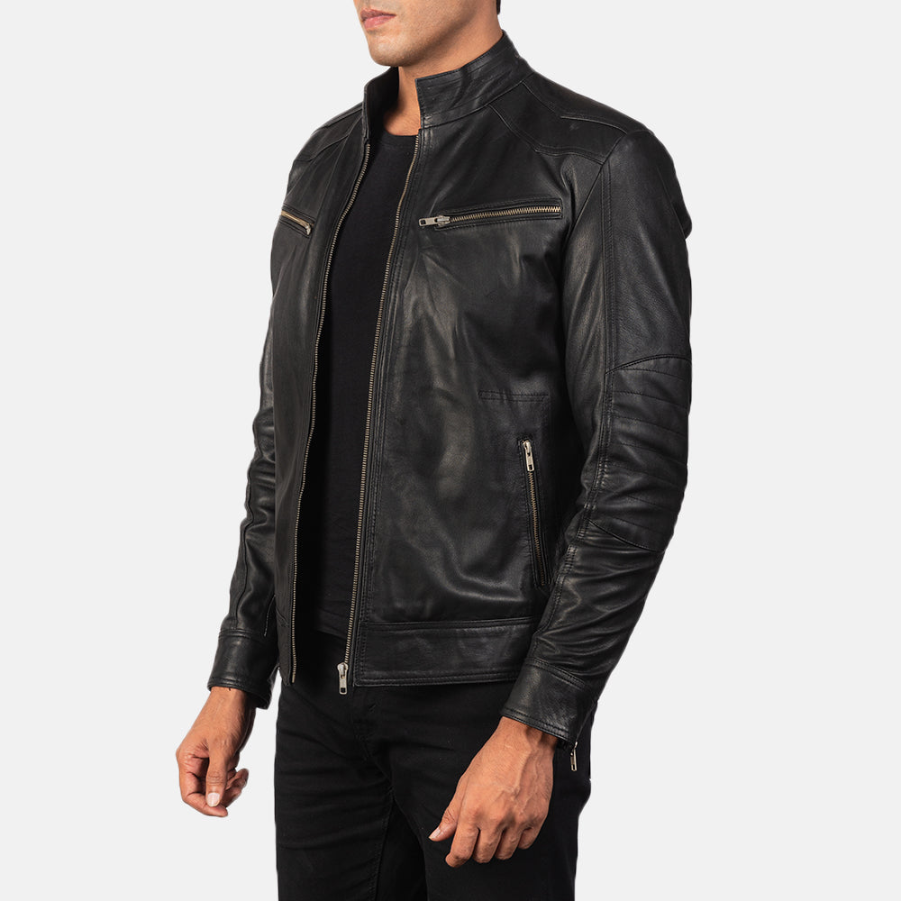Mack Men's Goatskin Leather Biker Jacket – Band Collar, Zip Cuffs, Four Outside Pockets, Semi-Aniline Finish | Black – view 2